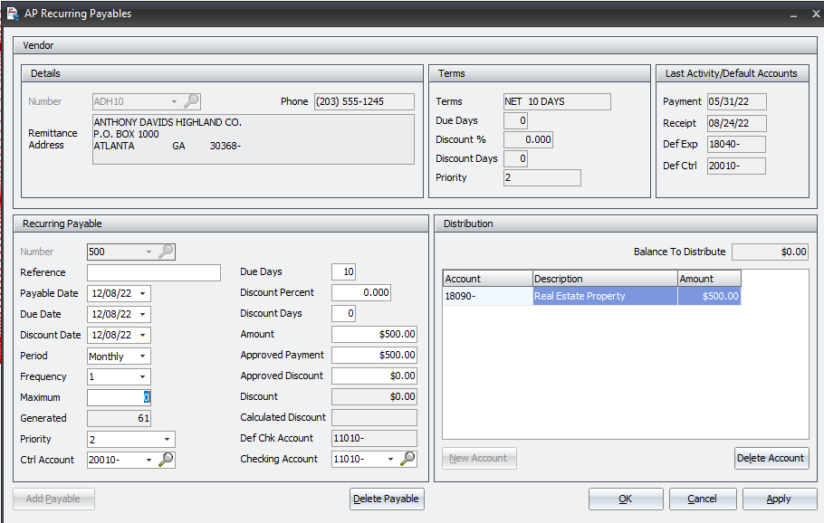 Accounts Payable Recurring Payables screen